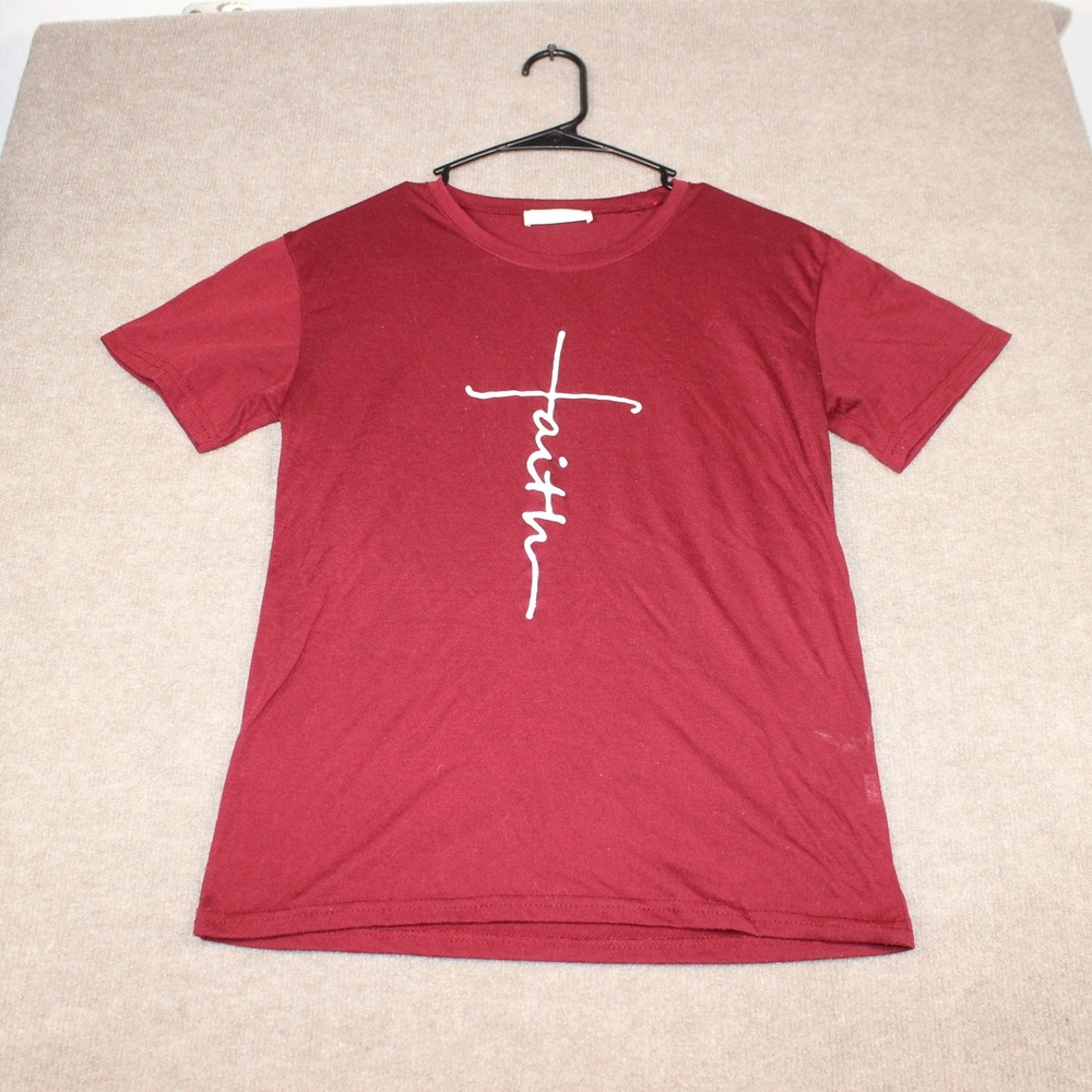 Faith Cross Graphic Tee Burgundy Red Short Sleeve Crew Neck T-Shirt Small